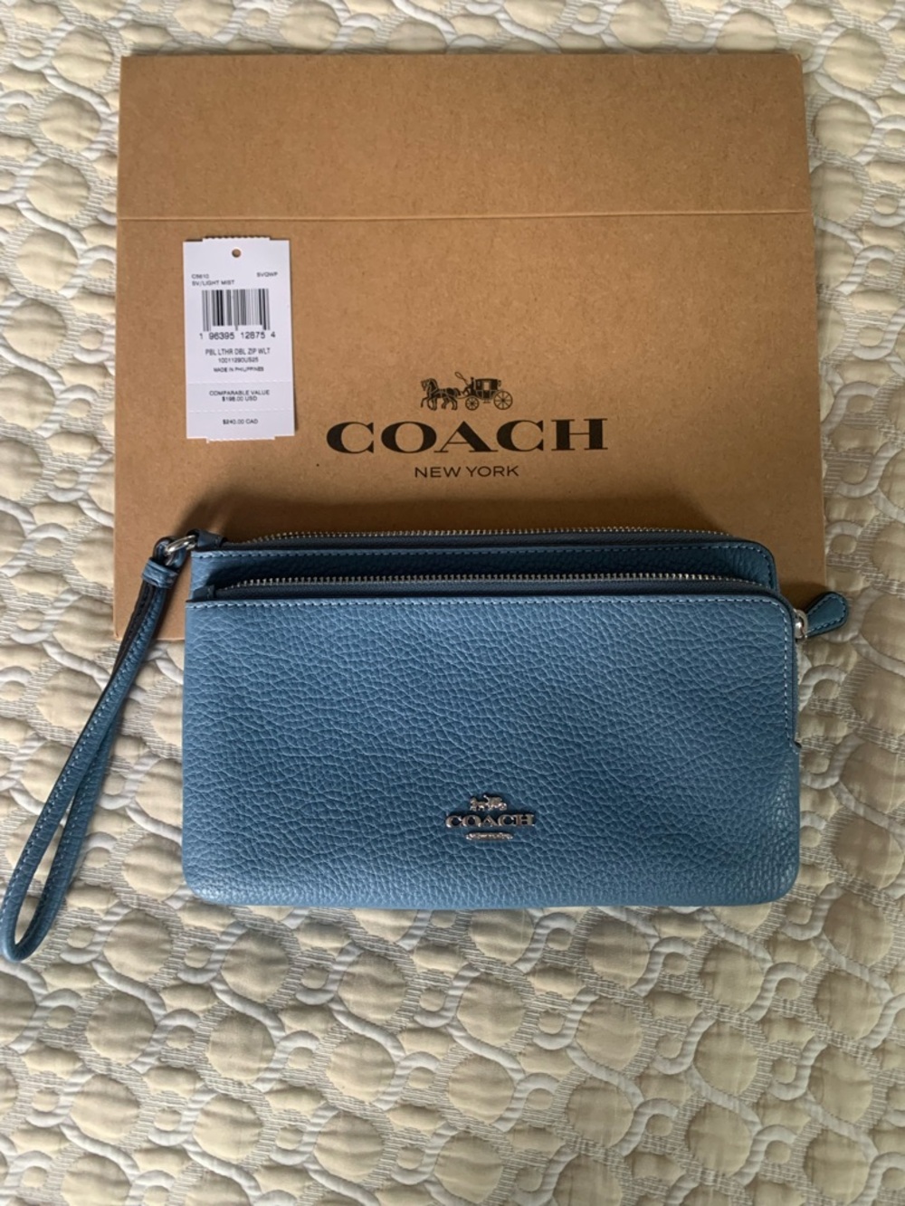 Coach Pebbled Leather Zip Wallet in Dusty Blue with Silver Logo